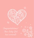 Baby girl arrival announcement pink card with lacy heart shape Royalty Free Stock Photo