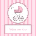 Baby girl arrival card or invitation with retro styled baby carriage and place for text, vector illustration Royalty Free Stock Photo