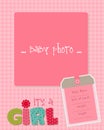 Baby Girl Arrival Card with Photo Frame Royalty Free Stock Photo