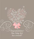 Baby girl arrival greeting pastel card with beautiful blossoming decorative lacy tree with pink flowers in heart shape