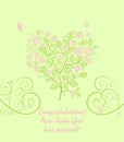 Baby girl arrival greeting light green card with beautiful blossoming decorative lacy tree with pink flowers in heart shape