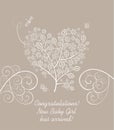 Baby girl arrival greeting pastel card with beautiful blossoming decorative lacy tree in heart shape