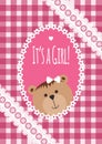 Baby girl arrival, shower, Greeting, announcement card with teddy bear and hearts. Vector postcard, Embroidery stylization