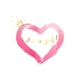 Baby girl birth announcement, baby card design with a pink heart and gold crown and message It`s a Girl.