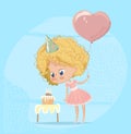 Baby Girl Blowing Birthday Cake Candle. Cute Blond Girl Character wearing pink Celebrate Birth Party. Cute girl Holding Royalty Free Stock Photo