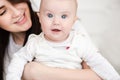 Baby girl blue eyes in mama hugs Royalty Free Stock Photo