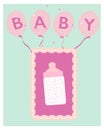 Baby girl bottle and balloon baby shower greeting card Royalty Free Stock Photo