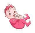 Baby girl with bottle. Cute little fun newborn after sleeping, vector happy smiling playing toddler