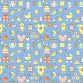 Baby girl and boy cute outline vector seamless pattern blue. Royalty Free Stock Photo