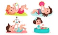 Baby Girl and Boy Lying in Crib and Playing with Rattle Toy Vector Illustration Set Royalty Free Stock Photo