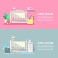 Baby girl and boy rooms modern interior, vector banner. Nursery bedroom furniture, toys and design elements for newborn