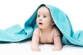 Baby girl or boy after shower with towel on head, isolated on white Royalty Free Stock Photo
