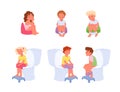 Baby girl and boy sitting on toilet bowl or chamber pot set, potty training, hygiene