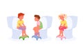 Baby girl and boy sitting on toilet sink set, little kids using home lavatory pan in wc