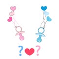 Baby girl, baby boy soother with hearts balloon. Coming soon baby. Baby gender reveal symbol Royalty Free Stock Photo