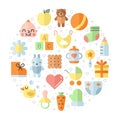 Baby (girl and boy) stuff flat multicolored cute vector circle background. Minimalistic design.