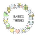 Baby (girl and boy) things outline multicolored cute vector circle frame background. Minimalistic design. Part one. Royalty Free Stock Photo