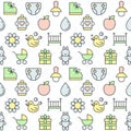 Baby (girl and boy) things outline multicolored cute vector seamless pattern. Minimalistic design. Part two. Royalty Free Stock Photo