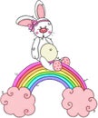 Baby girl bunny on rainbow with pink clouds
