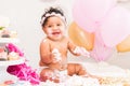 Baby Girl With Cake and Balloons