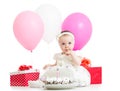 Baby girl with cake, balloons and gifts