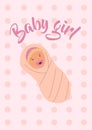 Baby girl. Cartoon newborn kid swaddled in blanket. Happy infant with pacifier. Human age. Cute daughter. Innocent child Royalty Free Stock Photo