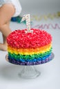 Baby girl celebrating her first bithday with gourmet cake.