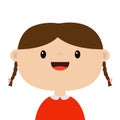 Baby girl. Child icon. Funny kid head. Cute cartoon kawaii funny character. Smiling face. Brown hair, pigtail. Decoration for