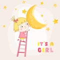 Baby Girl Climbing on a Moon - Baby Shower or Arrival Card