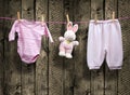 Baby girl clothes and bunny on a clothesline