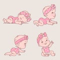 Baby girl in clothes. Cute active little girl sleep, sit, learn to crawl