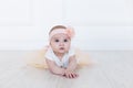 A baby girl is crawling along the floor with an inquisitive and wondering look on her face. Horizontal shot. Cute 6 months girl Royalty Free Stock Photo