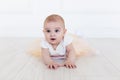 A baby girl is crawling along the floor with an inquisitive and wondering look on her face. Horizontal shot. Cute 6 months girl Royalty Free Stock Photo