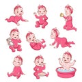 Baby girl. Cute infant with different emotions happy child, crying girls, smiling toddler sitting, playing and crawling