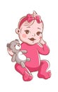 Baby girl. Cute infant with toy, smiling toddler in pink clothes sitting. Happy child vector illustration isolated on Royalty Free Stock Photo