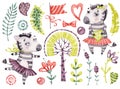 Baby girl cute zebra. Watercolor nursery cartoon jungle animals horse, tropical trees, leaves. Royalty Free Stock Photo