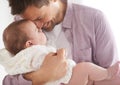 Baby, girl and dad holding with smile, proud and fathers day in family home. Parents, infant and love embrace for eskimo Royalty Free Stock Photo