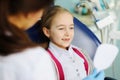 Baby girl examines teeth in a dental mirror