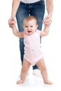 Baby girl doing first steps with help of mother Royalty Free Stock Photo
