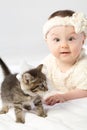 Baby girl dressed in white fur plays with little Royalty Free Stock Photo