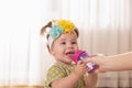 Baby girl drinking water from a bottle Royalty Free Stock Photo