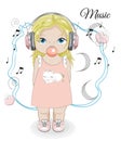 Baby girl in earphones with bubblle gum