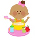 Baby girl eating cereal. Vector illustration