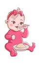 Baby girl eating. Cute newborn and healthy food from plate, isolated vector happy child