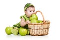 Baby girl eating green apples from basket Royalty Free Stock Photo