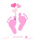 Baby girl foot prints with hearts balloon vector greeting card Royalty Free Stock Photo