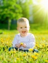 Baby girl on a green meadow with yellow flowers dandelions on th Royalty Free Stock Photo