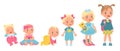 Baby girl growing up process. Little kid. Development stages from newborn to junior. Toddler begins walk or preschooler