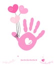 Baby girl hand prints with hearts balloon vector greeting card