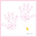 Baby girl hand prints with soap bubbles and duck Royalty Free Stock Photo